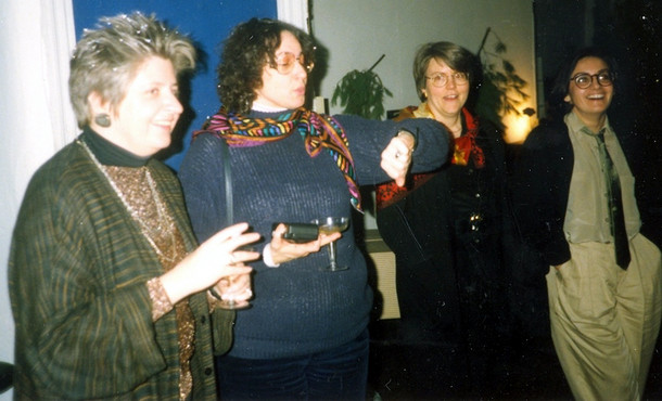 Late 1980s. Noreen Connell, a friend, Charlotte Bunch, and Roxanna Carillo at a New Year's Eve party in Kate Millett's Bowery Street loft in New York City, sometime in the late 1980s.