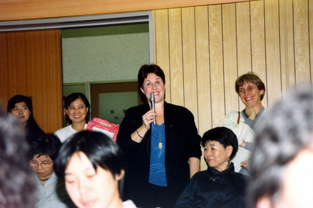 1989. Phyllis Chesler suggesting that the crowd take over the Shinjuku District (Red Light District) in Tokyo, Japan, at the first Japanese Conference on Pornography, October 1989.