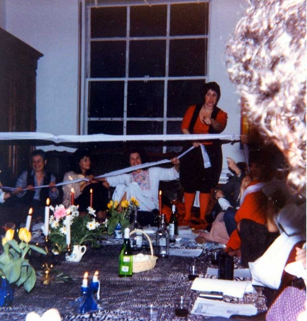 1983. This scarf, used at feminist Passover seders to bind the women together, was created by Patricia De Rosa at Phyllis Chesler's request. Since its creation, the 'sacred schmatta' has been used every year, even though Phyllis, fearing that it might become idolatrous, suggested that it be burned. Letty Cottin Pogrebin was horrified and saved the scarf.