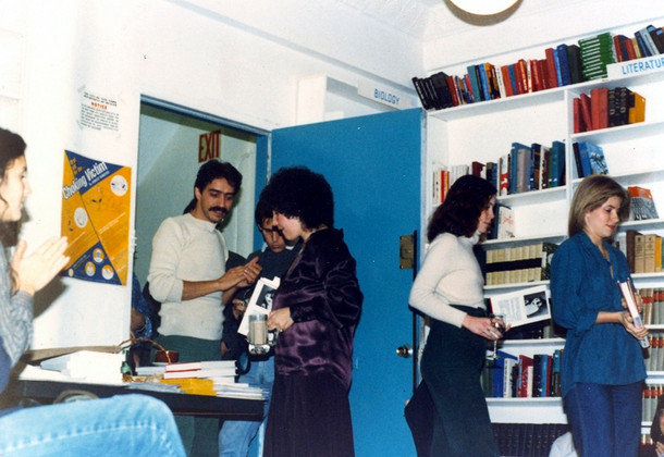 1979. Enrico Adelman, proprietor of Bloomsday Book Shop, with Phyllis Chesler, as actors enter the room for a reading of With Child.