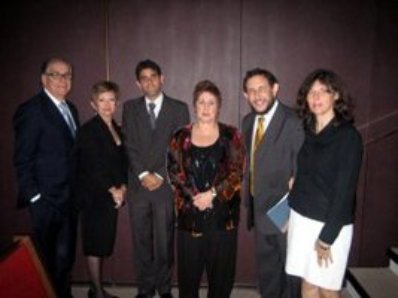 Pictured are, from left to right, Enrique Goldberg, Lina Goldberg, Diego Mendelbaum, Phyllis Chesler, Rabbi Gabriel Frydman, Mrs. Frydman.