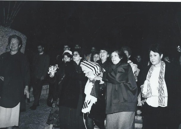 Jerusalem, 1989<br>“You Noble Ladies” said Rabbi Shlomo Carlebach when he came to sing to us at our Torah dedication ceremony. Left: Norma Joseph and Rivka Haut (z”l) are holding the Torah; Susan Alter, Francine Klagsbrun, and Susan Aranoff are just behind them; I am at right, worrying about security as we walk through the streets of Jerusalem under the starry skies.