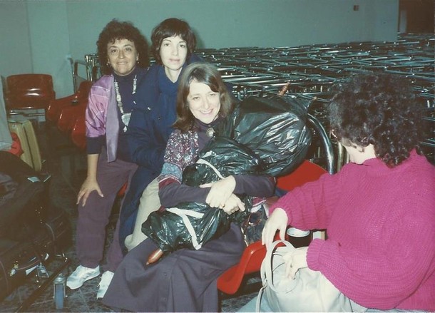 1989, JFK airport, bringing the Torah to Jerusalem for the Women of the Wall. Shown: Rabbi Leah Novick, Shulamit Magnus, Rivka Haut, Phyllis Chesler.