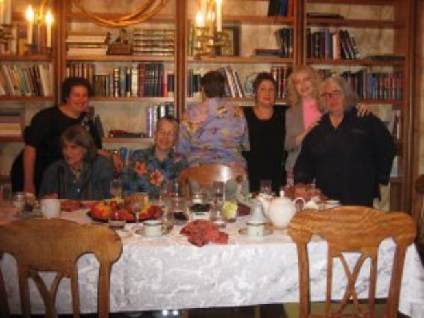 Pictured from right to left: Kate Millet, Sher Hite, Phyllis Chesler, Karla Jay (whose eyes cannot take the flash), Karen, Barbara Seaman and Myra Kovary.