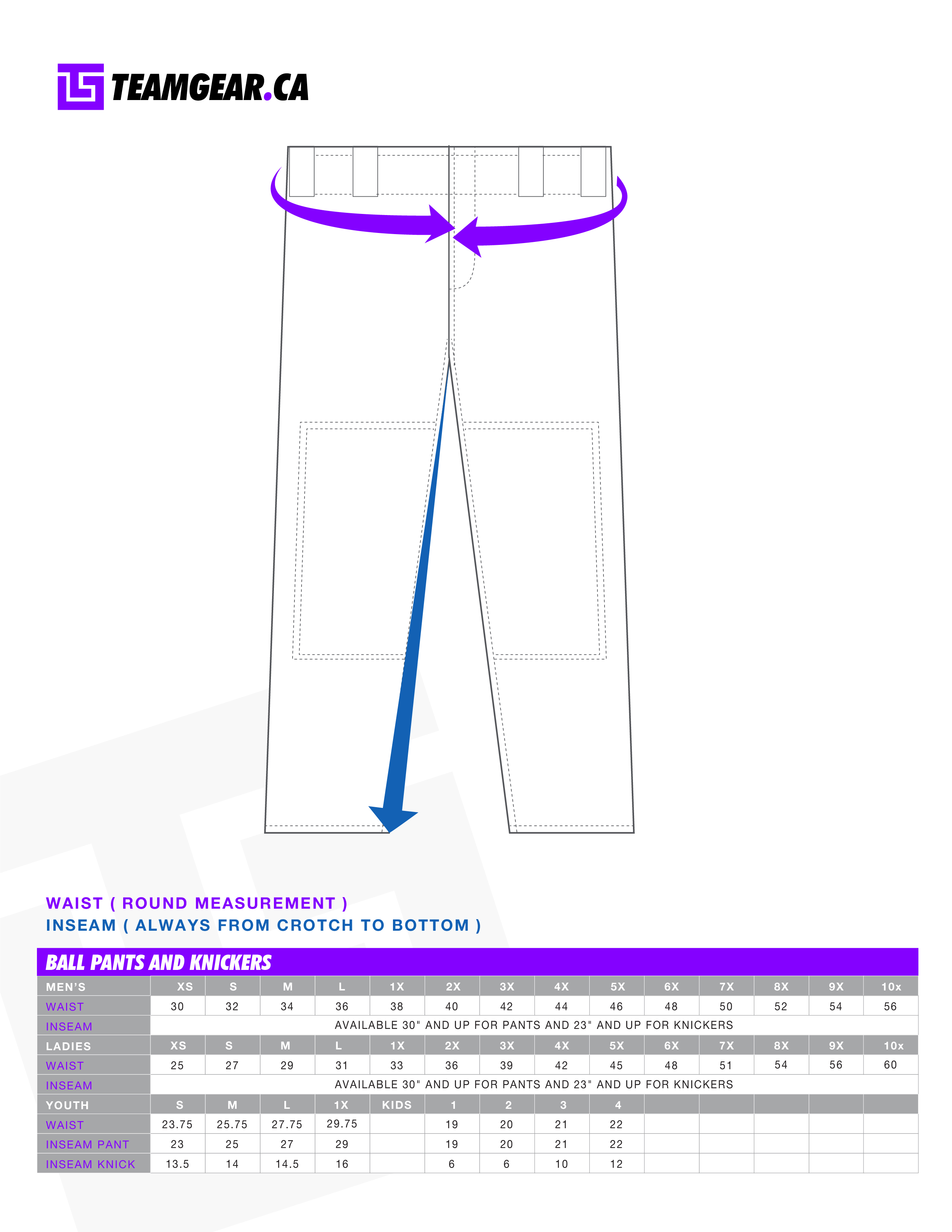 custom pants size chart for custom baseball pants,  custom sweatpants, pyjamas and more