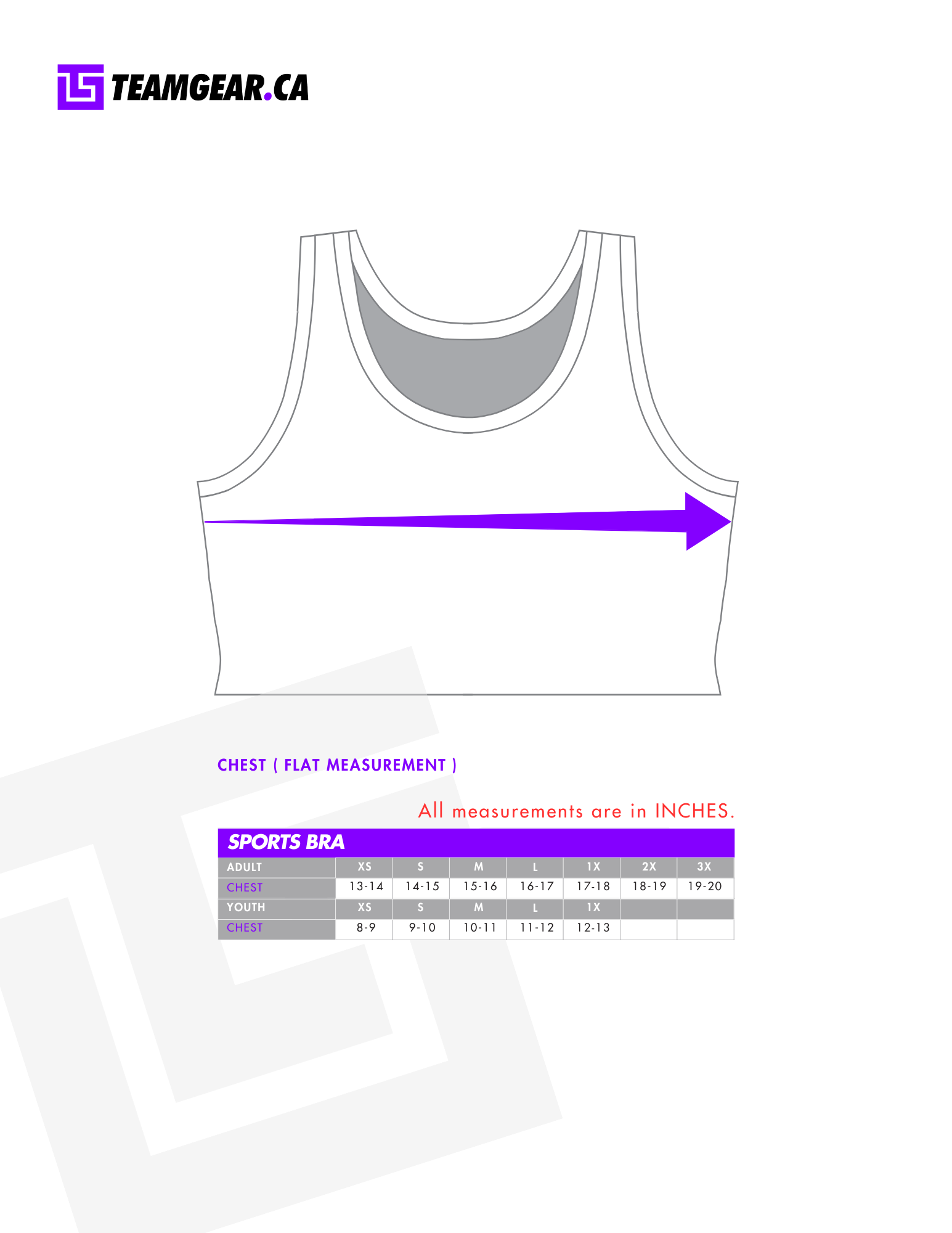 custom sports bra size chart