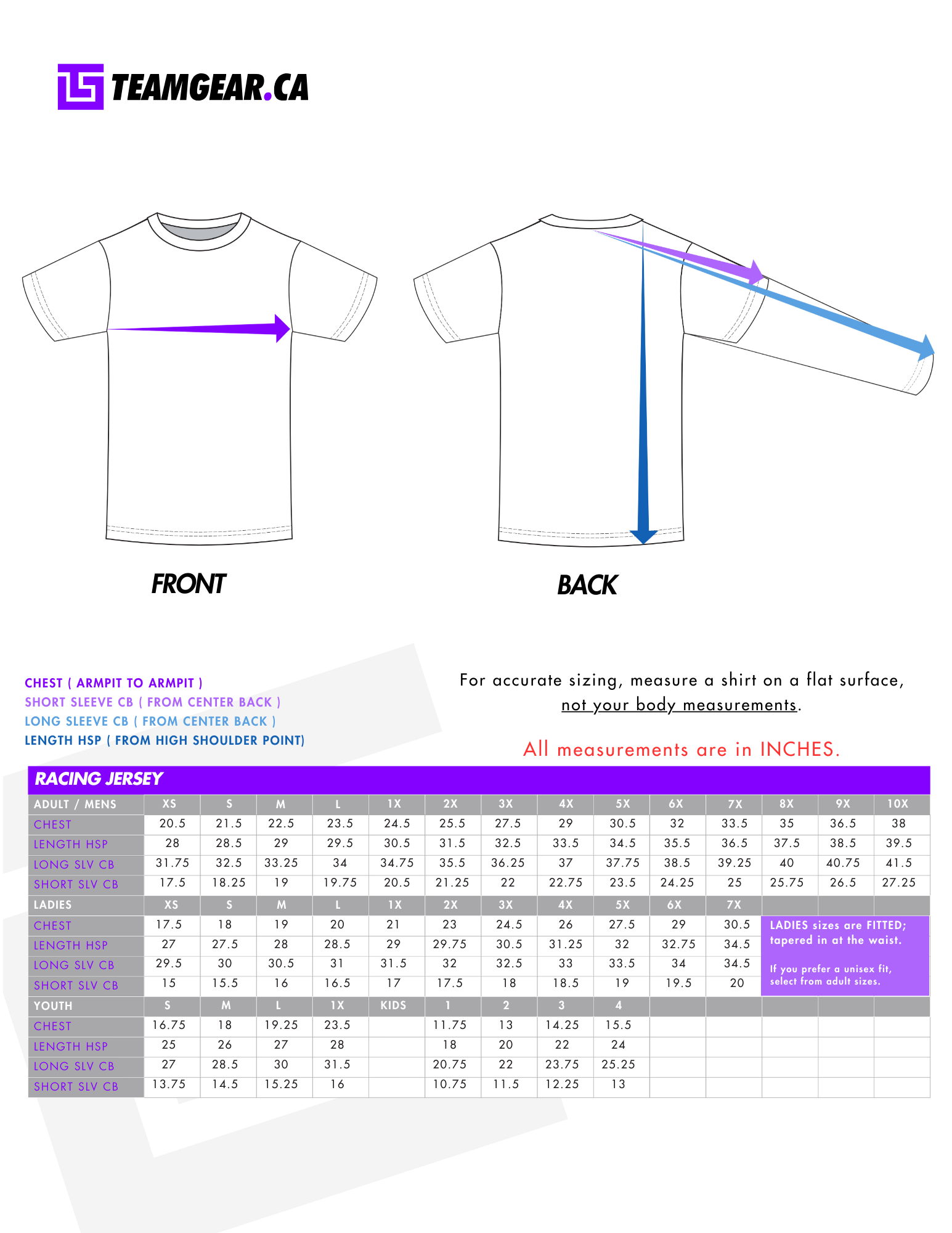 full sublimation custom jersey size chart